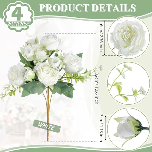 Crowye 4 Bundles Peonies Artificial Flowers Silk Faux Peonies Wedding Artificial Flower Bouquet for Table Centerpiece for Home Wedding Decor Bridal Floral Arrangement(White) - color: White