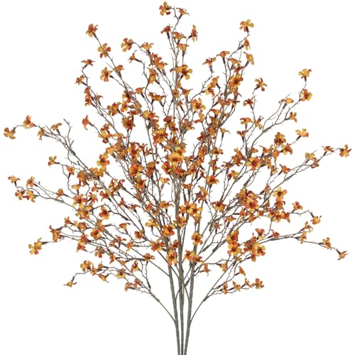 3 Pcs Cherry Blossom Branches Artificial Flowers for Autumn Spring Summer Decoration Orange Faux Cherry Blossom Long Stems Fall Silk Fake Flowers for Tall Vase Arrangements Home Wedding Table - color: Orange