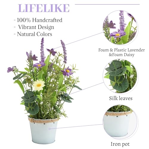Artificial Flowers Potted, 12.2'’ Flower Arrangement w/Daisy & Lavender in Metal Pot, Fake Plants for Home Wedding Restaurant Dinner Decoration Shelf Table, Purple & Green - color: Purple 02