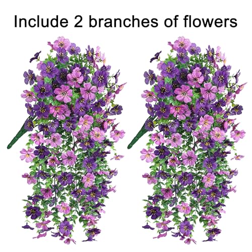Artificial Faux Hanging Flowers Plants for Spring Outdoor Outside Decoration, 2 PCS Fake Silk Daisy with Eucalyptus UV Resistant Realistic Trailing Vines for Balcony Patio Porch (Darkpurple+Purple) - color: Darkpurple+purple