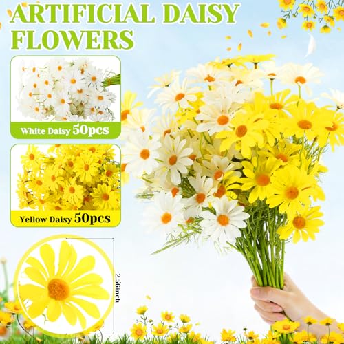 Giegxin 100 Pcs Artificial Daisy Flowers Bulk Realistic Fake Daisies Faux Wildflower Daisy UV Resistant Silk Fake Flowers Plants for Outside Wedding Garden Home Table Decor (White,Yellow) - color: White,yellow