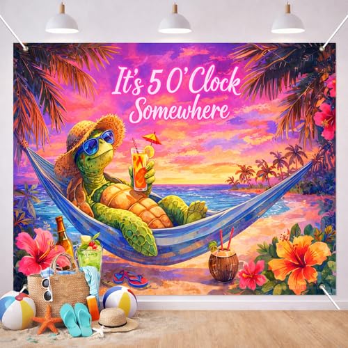 BlissYard Summer Backdrop 8x6ft Tropical Turtle Hammock Beach Party Background Cloth for Photography, Sunset Island Luau Banner Photo Booth Scene with Hibiscus Flowers Ocean Cocktail Decor - color: Tropical Turtle#2