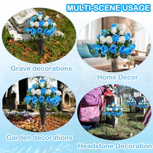 Lodou Set of 2 Artificial Cemetery Flowers, Memorial Flowers Bouquet,Grave Memorial Flowers with Vase for Cemetery Headstones Decoration (Blue White) - color: Blue White