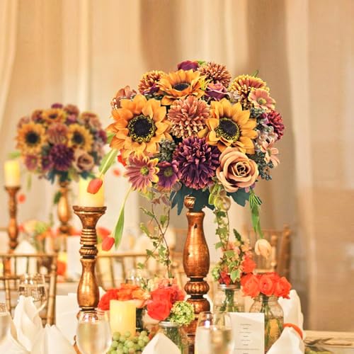 3 Pcs Fall Flowers Artificial Mums Silk Chrysanthemum Rose Sunflowers Daisy Bouquet Fake Mums Faux Floral Arrangements Home Indoor Outdoor Planter Decor Party Wedding Table Autumn Decoration - color: Fall Colors - B