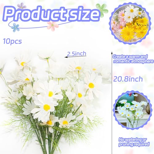 Artificial Daisies for Outdoors, 20.8 Inch White Daisy Artificial Flowers, 10 Bundles Faux Wildflowers for Decoration, Wedding, Table Centerpiece - color: White