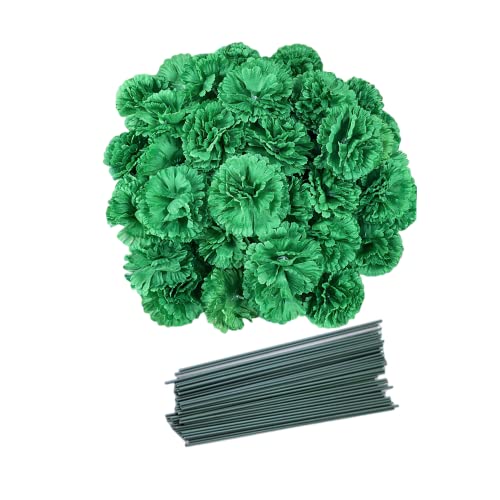 Rikyo 50 Artificial Silk Carnation Flower Head with Stems Set,Vase Fillers for Bridal Wedding Party Birthday Cake Ornaments,Handmade Wrist Corsage, 3" Petals Heads & 8" Stems (Dark Green) - color: Dark Green