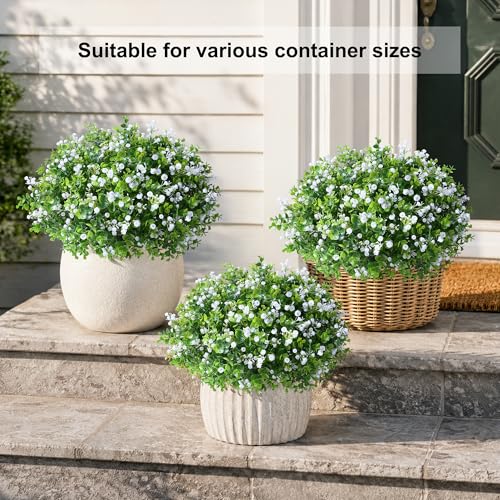 Fake Plants Artificial Flowers for Outdoors Decor, 2 Pack Fake Potted Plants Baby Breath With Green Eucalyptus Look Real UV Resistant Artificial Greenery with Pot for Outside Porch Garden Patio Yard - color: Green - Baby Breath
