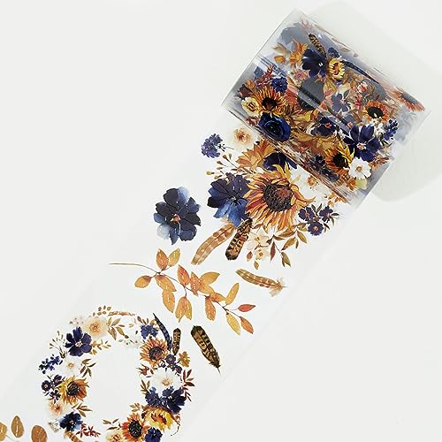 WT PET Tape, Floral Sunflower & Navy Design, Wide Decorative Craft Tape, Single Roll, Clear Transparent Tape for Bujo Planner & DIY Scrapbooking Supplies - color: WT Sunflower & Navy PET Tape