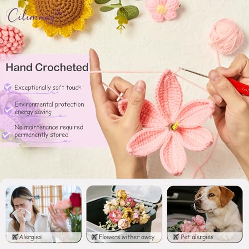 Crochet Flower Bouquet,Pink&Purple Knitted Flowers, Handmade Lily Sunflowers Roses Bouquet for Birthday Anniversary Party Mother's Day Graduation Gifts - color: Purple&pink