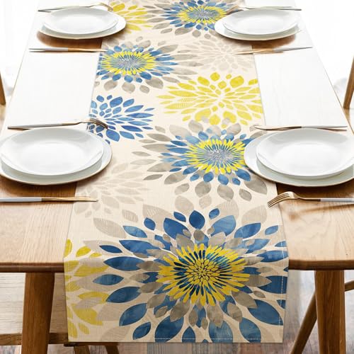 Geometric Dahlia Flower Dining Table Runner, Blue Yellow Floral Modern Art Burlap Kitchen Decoration, Spring Summer Farmhouse Indoor Outdoor Home Decor Party Supply 13 x 90 Inches - color: Dahlia, size: Table Runner 13''X90''