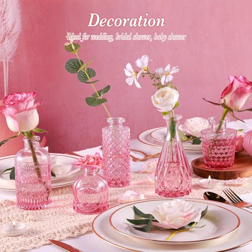 UPBUD Pink Glass Bud Vases Set of 5, Mini Flower Vase for Centerpieces, Small Clear Vases in Bulk for Wedding Decorations, Vintage Vase for Table, Home Décor - color: Standard-pink, size: 5pcs