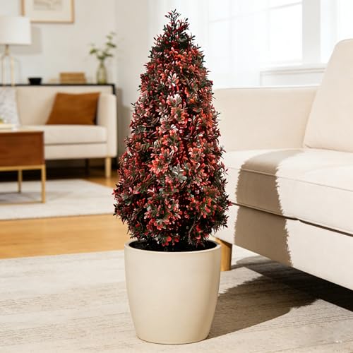 Faux Boxwood Topiaries Trees, 3.3FT Ste 2 Artificial Plants with Spikes Outdoor, Red Fake Topiary Realistic Bushes, UV Resistant Greenery for Indoor, Planter Front Porch Office Spring Decor-Red