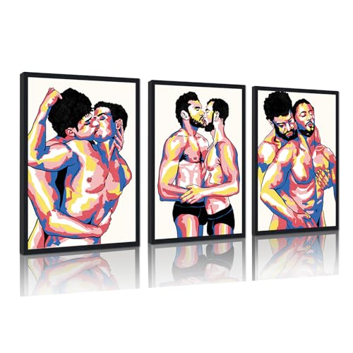 Large Triptych Gay Male Canvas Wall Art Colorful Couple Kiss Hug Posters Man Lover Abstract Love Prints Artwork Wall Decor for Apartment Bathroom Hotel Bar Framed Ready to Hand 24x36inchx3pcs - color: Art08, size: 24x36x3Pcs Black Framed