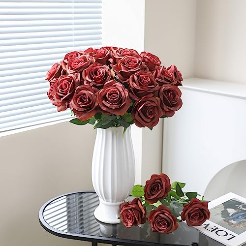 Tifuly Roses Artificial Flowers - 12 Pcs Long Stem Silk Roses, Realistic Fake Roses with Stems for Bridal Bouquets, Home and Office DIY Decor（Burnt Orange） - color: Burnt Orange