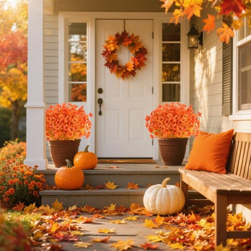 AmyHomie 16 Bundles Fall Orange Artificial Flowers for Outdoor Fall Decor UV Resistant Faux Flowers No Fade Fake Plastic Plants Garden Porch Window Box Decorating - color: Fall Orange-eucalyptus, size: 16