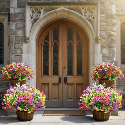 LADADA Artificial Flowers for Outdoors Faux Plants Outdoor Fake Flowers Spring, UV Resistant 12 Bundles Lifelike Faux Plants Greenery Shrubs for Patio Porch Garden Hanging Baskets Window Box Decor - color: Red Yellow Purple Pink