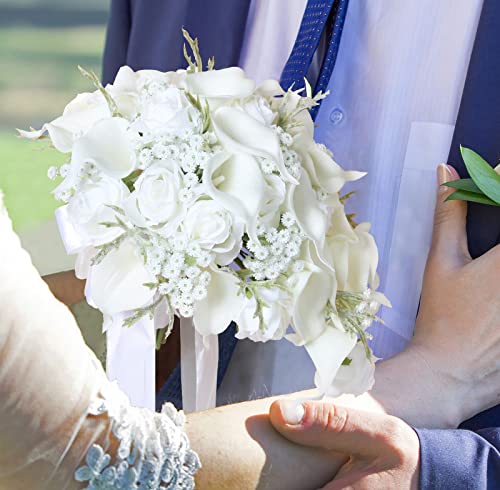 Bride Bouquets for Wedding,11 Inch White Calla Lily Cascading Bridal Bouquet Silk Flowers for Ceremony Anniversary Wedding Bridal Shower(Natural Whites) - color: Natural Whites