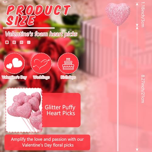 24 Pcs Valentine's Day Glitter Foam Hearts Sticks Foam Heart Picks Sparkly Hearts Stems Puffy Heart Wooden Picks for Valentine Wedding Decorations Flower Arrangements Crafts (Pink) - color: Pink, size: 24 Pcs