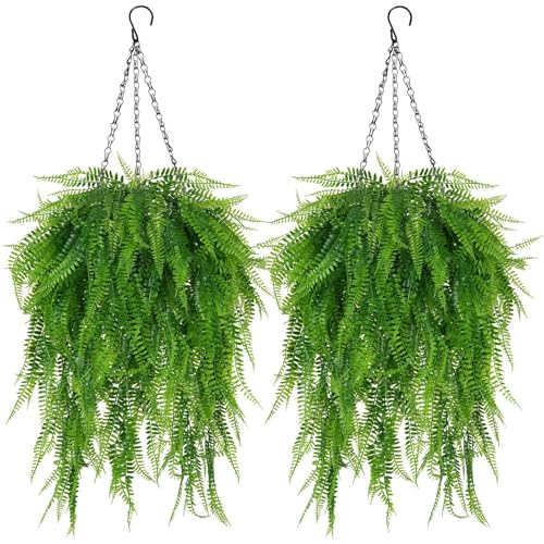 Artificial Hanging Ferns for Outdoors UV Resistant Fake Hanging Ferns with Hanging Baskets 2 Set Boston Ferns Artificial Plants 23.6" Faux Ferns Outdoor Hanging Basket Front Porch Patio Garden Home