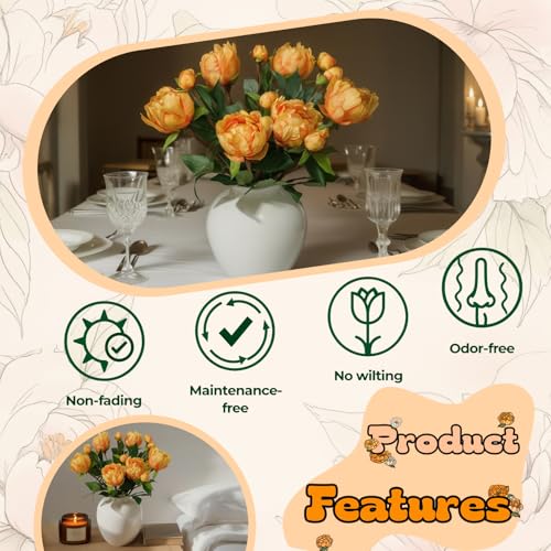 ucky 6PCS Orange Peonies Artificial Flowers, Realistic 2 Heads Silk Peonies with Stems & Buds, 17.51" Faux Peony Bouquets for Wedding Centerpieces DIY Home Table Vase Decor - color: Orange