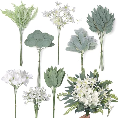 VIERENA Artificial Greenery Stems Box Set(Pack of 85pcs) with 8 Kinds of Faux Plants and Fake Flowers for DIY Wedding Bouquet Table Centerpieces and Floral Arrangement (White&Dusty Green) - color: White&dusty Green