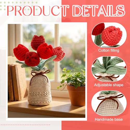 Marsui Crochet Knitting Tulip Bouquet with Vase 7" Knitted Artificial Forever Tulip Handmade Woven Flower with Exquisite Pot Gift for Father's Gifts Back to School Gift Family Home Desk Decor(Red) - color: Red, style: Tulip