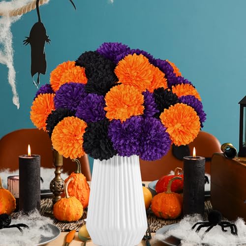 36 Pcs Halloween Artificial Flowers Halloween Chrysanthemums Ball Silk Flowers Black Orange Purple Fake Hydrangea for Halloween Party Home Table Centerpieces Vase Decor - color: Black, Orange, Purple