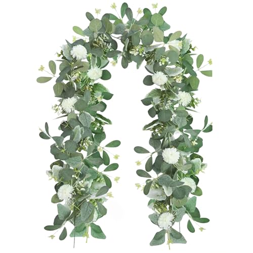 2 Pack Artificial Eucalyptus Garland with Butterfly Chrysanthemum Babys Breath Flowers 5.9Ft Faux Vine Wreath Hanging for Wedding Arch Garden Porch