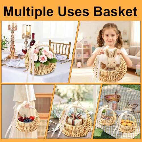 3 Pack Wicker Flower Girl Baskets,Wicker Wedding Basket with Handle Silk Ribbon,Small Half Moon Wicker Flower Basket 6.5" x6.7" x4.3"for Wedding Party Picnic Home Decor - size: Half Moon Basket