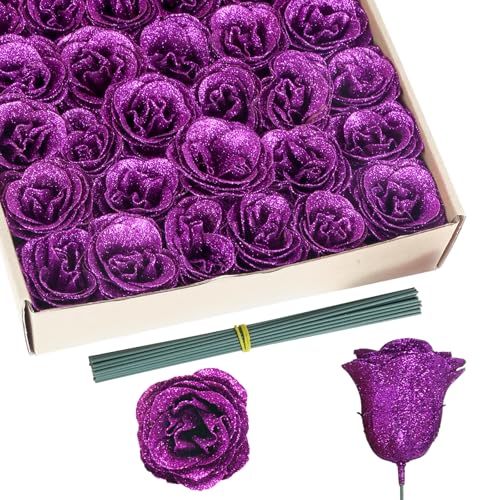 Glitter Roses Bouquet,30PCS Fake Purple Roses Glitter Flowers for Crafts Wedding Bouquet Party Christmas Home Decor(Dark Purple) - color: Dark Purple