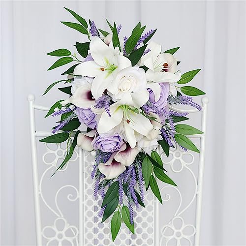 Wedding Bouquet for Bride, White Calla Lily Purple Rose Water Drop Waterfall Romantic Wedding Bouquets Flowers Cascading Bridal Bouquets for Wedding Ceremony and Anniversary Party Home Decor, C - color: Calla Lily Bouquet C