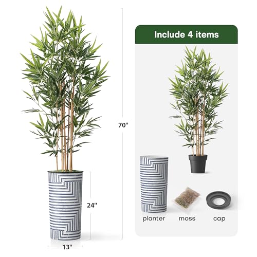 Artificial Tree in Modern Geometric Pattern Planter, Fake Bamboo Silk TRE for Indoor and Outdoor Home Decoration - 70" Overall Tall (Plant Pot Plus Tree) - style: Bamboo