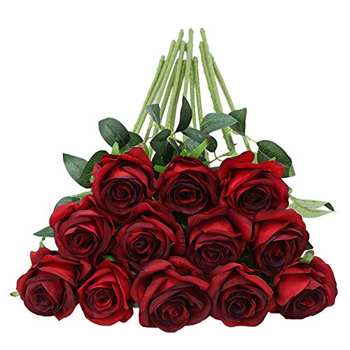 Tifuly 12pcs Red Roses Artificial Flowers,Realistic Long Stem Fake Silk Roses Bouquet for Party Home Wedding Centerpiece Office DIY Decor（Burgundy） - color: Burgundy Red
