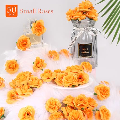 Yinsun 50pcs Mini Orange Roses Artificial Fake Flower Heads, 1.57” Real Touch Orange Silk Fake Flowers for DIY Dinner Party Day of The Dead Decoration - color: Orange, size: 1.57 Inch