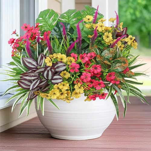 Dremisland 20 Bundles Fake Flowers Artificial Plants for Outdoors UV Resistant Faux Greenery Stems Silk Flowers Realistic Plastic Ferns Shrubs Plants for Planter Garden Patio Window Box Home Decor - color: With Flower