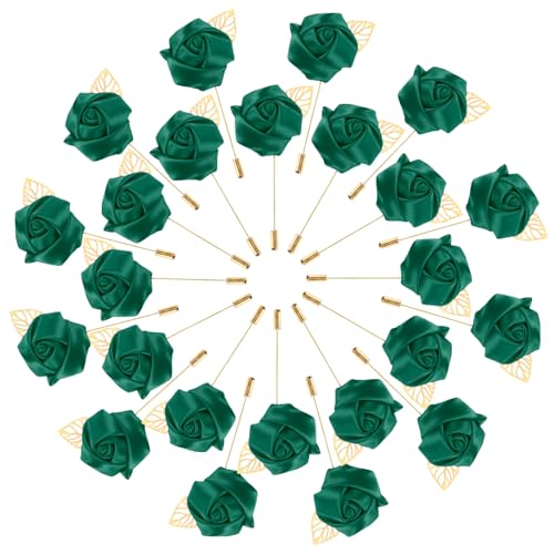 M METERXITY 48-Pack Flower Lapel Pins for Men, Golden Leaf Rose Boutonnieres Pin Groom Boutonnieres for Wedding/Dance/Party, Men Lapel Pins for Suits Satin Flower Corsage [Dark Green] - color: Dark Green