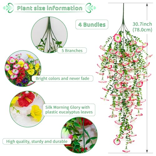 4 Pack Artificial Faux Hanging Flowers Plant for Outdoor, Fake Silk Morning Glory with Eucalyptus UV Resistant Realistic Trailing Vine for Wall Home Porch Patio Balcony Yard Indoor Decor, Mix Color - color: Mix Color