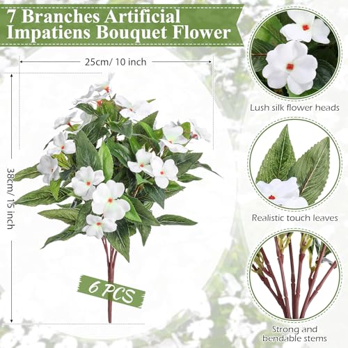Wavwavw 6 Pcs Artificial Impatiens Bouquet Flowers for Outdoors 15 Inch Silk Flowers Greenery Artificial Impatiens for Outdoor Patio Lawn Garden Balcony Pot Hanging Basket Porch Decoration(White) - color: White