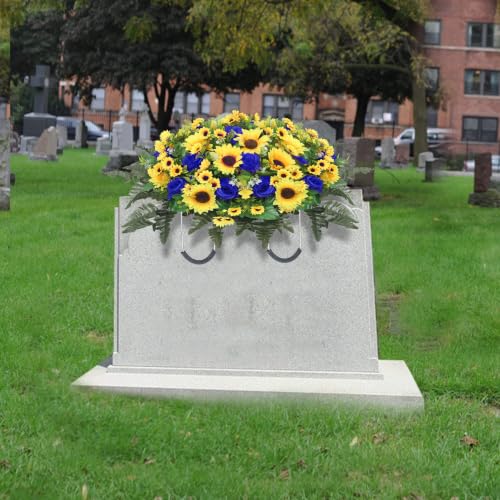 Lodou Artificial Cemetery Flowers for Grave,Headstone Flower Saddle Silk Sunflowers Grave Flowers for Cemetery Memorial for Outdoor Gravesite Decoration (Blue) - color: Blue