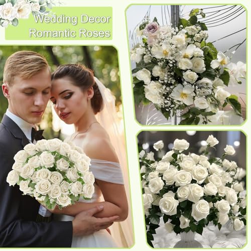 12Pcs White Roses Artificial Flowers Fake Roses Faux Velvet Silk Flower for Home Wedding Decoration (Pearl Rose, White) - color: Pearl Roses - White 12p