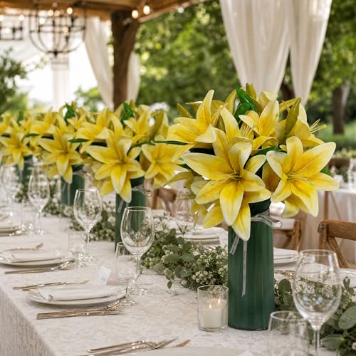 ATFL Artificial Lilies Flowers,9 Pcs Faux Lily Flowers,16''Tiger Lily Branches with 2 Full Blooms and 1 Bud,Faux Fake Lilies Plants for Wedding Bouquet Floral Arrangements (9, Yellow) - color: Yellow