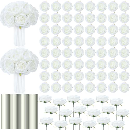 Suncalla 80 Pack Austin Rose Peonies, 3.94 Inch Artificial Flowers Heads Bulk with Stems Leaves for Arrangement Wedding Centerpiece Banquets Party Home Kitchen Decor DIY(White) - color: White