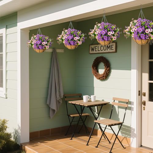 Artificial Hanging Flowers for Outdoors with Basket,UV Resistant Realistic Faux Hanging Plants Outdoor Artificial Flowers for Outdoors Basket for Yard Porch Patio,12 Bundles(6,Pink,Purple) - color: Pink+purple