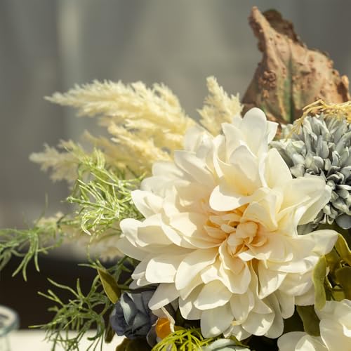 Fake Flowers with Vase Silk Dahlia Artificial Flowers in Vase Faux Hydrangea Flowers Arrangements with Vase for Home Office Decoration Dining Table Centerpiece (Blue) - color: Blue