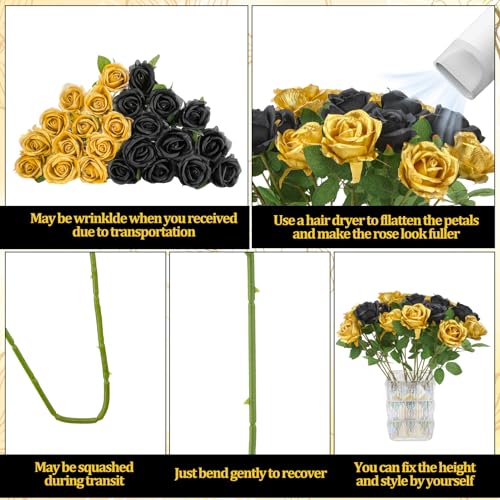 24 Pcs Black,Glod Rose Artificial Flowers with Long Stem Real Touch Silk Roses Bulk for Wedding, Party, Table Centerpieces Bouquet, Bridal, Home Decor - color: Glod,black