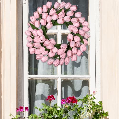 24 Inch Tulip Summer Wreath for Front Door Spring Silk Wreath with Green Leaves Artificial Tulip Flower Wreaths for All Seasons Farmhouse Porch Wall Living Room Home Widding Decor-Pink - color: Pink