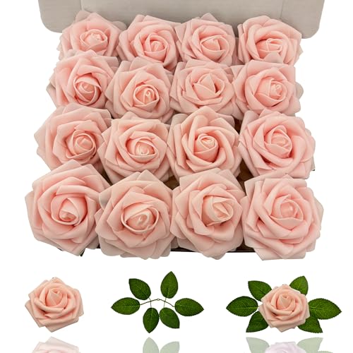 Artificial Roses Flowers 16Pcs Real Touch Roses with Stem Foam Fake Roses for DIY Wedding Bouquets Centerpieces Arrangement Party Baby Shower Home Decorations (Pink Champagne) - color: Pink Champagne