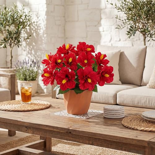 Briful Artificial Hibiscus Flowers in Pot, 14.1" Faux Tropical Flower Plant for Outdoor Porch, Potted Red Hibiscus Tabletop Decor for Living Room, Dining Table, Kitchen, Office, Indoor Home Décor - color: 14'' Red