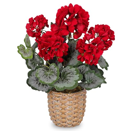 Briful Artificial Red Geranium Flowers in Woven Basket, 14.5’’ Tall Silk Flower Arrangement, Realistic Geraniums Artificial Outdoor Plants for Home Indoor Farmhouse Table Wedding Centerpiece Decor - color: 14.5'' Tall Red, Woven Basin