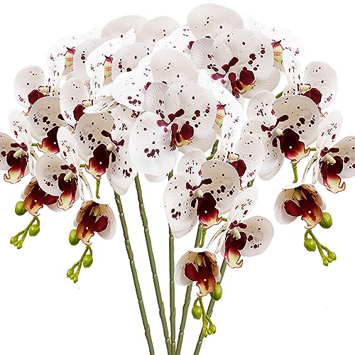 HinyoCo 5 Pcs Artificial Orchid Flowers,Artificial Phalaenopsis Flowers 32 Inch Stem Plants for Home Wedding Decoration (White with Spots) - color: White With Spots
